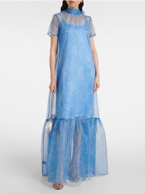 STAUD Sky Blue Sheer Floral Maxi Dress with Ruffle Hem